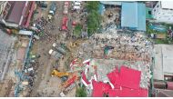 An overhead view of a collapsed under-construction building in Sihanoukville, Cambodia June 22, 2019. Reuters/Stringer