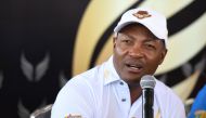 (FILES) In this file photo taken on November 10, 2018, former West Indies cricketer and golfer Brian Lara addresses a press conference during the fourth edition of the Krishnapatnam Port Golden Eagles Golf Championship at Boulder Hills in Hyderabad. AFP /