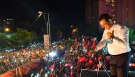 Republican People's Party (CHP) candidate for mayor of Istanbul Ekrem Imamoglu (C) celebrating in front of thousands of supporters at Beylikduzu in Istanbul on June 23, 2019. AFP 
