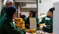 Palestinian industrial workers pack freshly-wrapped wafer biscuits into boxes at a factory in the West Bank city of Ramallah on June 17, 2019.  AFP / Abbas Momani 