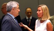  EU Foreign Policy Chief Federica Mogherini speaks with President of European Parliament Antonio Tajani during extraordinary summit of EU leaders, in Brussels, Belgium on June 30, 2019. (Dursun Aydemir/Anadolu Agency) 