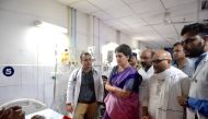 Priyanka Gandhi Vadra (2L) meets Sonbhadra massacre victims at the Banaras Hindu University  Trauma Centre in Varanasi July 19, 2019. AFP/ All India Congress Committee 