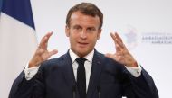 FILE PHOTO: French President Emmanuel Macron delivers a speech at the Elysee Palace in Paris, France August 27, 2019. Yoan Valat/Pool/File Photo	