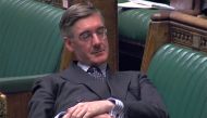 A video grab from footage broadcast by the UK Parliament's Parliamentary Recording Unit (PRU) shows Britain's Leader of the House of Commons Jacob Rees-Mogg relaxing during the Standing Order 24 emergency debate on a no-deal Brexit in the House of Commons