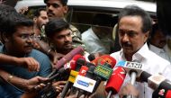 DMK party working President MK Stalin talks to media at the home of party leader Karunanidhi in Chennai on December 21, 2017. AFP / Arun Sankar 