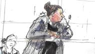 (FILES) This file photograph taken on April 11, 2019, shows a courtroom sketch of defendant French national Ines Madani, appearing in the Criminal Court of Paris during her trial with two other defendants for 