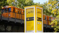 A subway train passes a column of a Jelbi-Station in Berlin, Germany September 22, 2019. Picture taken September 22, 2019. REUTERS/Hannibal Hanschke