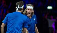 Team Europe's player Stefanos Tsitsipas reacts during the 2019 Laver Cup tennis tournament in Geneva, on September 22, 2019. AFP / Romain Lafabregue
