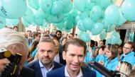 Sebastian Kurz (C-R), leader of Austria's People's party (OeVP), walks past campaign helpers holding balloons during his final election rally in Vienna, Austria on September 27, 2019. AFP / JOE KLAMAR