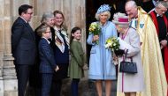 Britain's Queen Elizabeth and Camilla, Duchess of Cornwall, leave after a service to mark the 750th anniversary of Westminster Abbey in London, Britain October 15, 2019. Paul Ellis/Pool via Reuters 
 