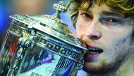 Russia's Andrey Rublev celebrates with his trophy after winning the Kremlin Cup tennis tournament men's single final match against France's Adrian Mannarino, in Moscow, on October 20, 2019. AFP / Kirill Kudryavtsev