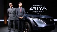 Alfonso Albaisa, Nissan's Senior Vice President for Global Design and Kunio Nakaguro, Nissan's Executive Vice President of R and D pose next to Nissan's Ariya concept car during the Tokyo Motor Show, in Tokyo, Japan October 23, 2019. REUTERS/Edgar Su