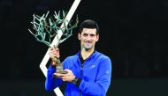 Novak Djokovic of Serbia holds winner trophy after winning final match against Denis Shapovalov of Canada during their final match at the Rolex Paris Masters tennis tournament at AccorHotels Arena in Paris. November 03, 2019. (Mustafa Yalç?n/Anadolu Agenc