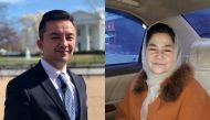 This composite shows Uighur activist Ferkat Jawdat in front of the White House in Washington, March 28, 2019. His mother Minaiwaier Tuersun is pictured on the right shortly before she was detained in Xinjiang, China, in early 2018. Photos supplied by Ferk