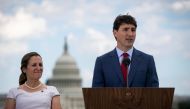 Canada's Prime Minister Justin Trudeau speaks as Canada's Foreign Minister Chrystia Freeland listens during a news conference at the Canadian Embassy, in Washington, US June 20, 2019. Reuters/Al Drago
