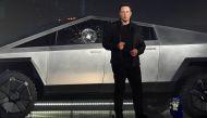 Tesla CEO Elon Musk unveils the Cybertruck at the TeslaDesign Studio in Hawthorne, Calif. The cracked window glass occurred during a demonstration on the strength of the glass. Credit: Robert Hanashiro-USA Today
 
 