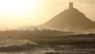 Waves crashing at the Parata Cape in Ajaccio, as the city is placed on 