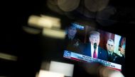 US President Donald Trump is seen on a television screen as he delivers a statement about Iran, in the Pentagon briefing room in Arlington, Virginia, US, January 8, 2020. Reuters/Al Drago