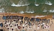 In this aerial view fishing boats are seen on the shore of the Lake Malawi at the Senga village on May 20, 2019 in Senga, Malawi. AFP / Gianluigi Guercia