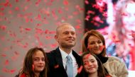 Outgoing Prime Minister and Labour Party leader Joseph Muscat, accompanied by his wife Michelle Muscat and their daughters Soleil and Etoile, is seen after his final speech at the party's Congress before the election of a new party leader at the Corradino