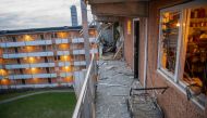 Viex of some debris on the balcony of a residential building that was hit by an explosion injuring one person in Husby outside of Stockholm, on January 21, 2020, where two blasts occurred within some minutes and a few hundred metres away one from each oth