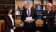 Incoming President of Hellenic Republic, Katerina Sakellaropoulou, is visited by Greek Parliament Speaker Konstantinos Tasoulas and Deputy Parliament Speaker Nikitas Kaklamanis, to accept the results of a parliamentary vote for the election of the new Pre