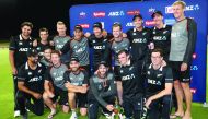New Zealand’s players celebrate with the trophy after victory during the third one-day international cricket match between New Zealand and India at the Bay Oval in Mount Maunganui on February 11, 2020. AFP / Michael Bradley

