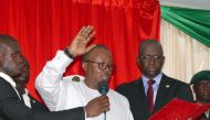 Guinea-Bissau's newly elected president Umaro Cissoko Embalo raises his arm during his swearing-in ceremony in Bissau, Guinea Bissau February 27, 2020. Reuters/Alberto Dabo