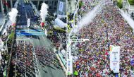 This collage show runners fill the street at the start of the Tokyo Marathon 2019 in Tokyo, Japan in this March 3, 2019 (right) and runners start at the Tokyo Marathon 2020 in Tokyo, Japan yesterday. The 2020 Tokyo Marathon was limited to elite runners ma