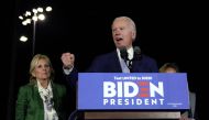 Democratic U.S. presidential candidate and former Vice President Joe Biden addresses supporters with his wife Jill at his side during his Super Tuesday night rally in Los Angeles, California, U.S., March 3, 2020. Reuters/Kyle Grillot