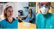 A combo of handout pictures made on March 23, 2020 shows Spanish nurse and semi-professional football referee Iragartze Fernandez officiating a match (L), at a hospital desk (C) and at a hospital in Bilbao during the COVID-19 coronavirus outbreak. AFP / F