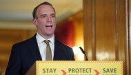 Britain's Foreign Secretary Dominic Raab holding a remote press conference to update the nation on the Covid-19 pandemic, inside 10 Downing Street in central London on March 30, 2020. AFP/ 10 Downing Street / Pippa Fowles