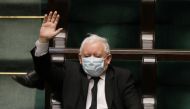 Law and Justice (PiS) leader Jaroslaw Kaczynski wears protective mask as he attends the Polish Parliament session in Warsaw, Poland April 16, 2020. Slawomir Kaminski/Agencja Gazeta via REUTERS