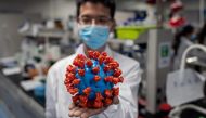 TOPSHOT - In this picture taken on April 29, 2020, an engineer shows a plastic model of the COVID-19 coronavirus at the Quality Control Laboratory at the Sinovac Biotech facilities in Beijing. AFP / NICOLAS ASFOURI / 