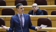 Spanish Prime Minister Pedro Sanchez speaks during the Government's question time session at the Senate in Madrid on May 5, 2020. Spain's coalition government warned the opposition yesterday it could spark 