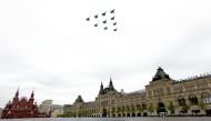 :MOSCOW, RUSSIA - MAY 9 : Russian Sukhoi Su-34, Sukhoi Su-35S and Sukhoi Su-30S jets perform during a Victory Day military parade marking the 75th anniversary of the victory over Nazi Germany in the 1941-1945 Great Patriotic War, the Eastern Front of Worl