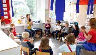 Children listen to the explanations of teacher Angela Melad on how to wash their hands at the KiGa Hutten kindergarten during the first day back as Switzerland eases the lockdown measures during the coronavirus disease (COVID-19) outbreak in Zurich, Switz