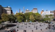 A group of bicyclists and a handful of pedestrians mingle in Union Square as streets remain less busy due to the continuing outbreak of the coronavirus disease (COVID-19) in the Manhattan borough of New York U.S., May 5, 2020. Picture taken May 5, 2020 at
