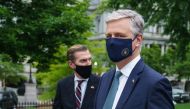 US National Security Advisor Robert O'Brien (R) is seen on the front driveway of the White House following an interview on May 24, 2020 in Washington,DC. / AFP / MANDEL NGAN