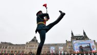 (FILES) In this file photograph taken on May 9, 2019, a Russian honour guard soldier marches during the Victory Day military parade at Red Square in downtown Moscow, as Russia celebrates the 74th anniversary of the victory over Nazi Germany.  / AFP / Mlad