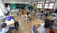 Students practice social distancing amid the coronavirus disease (COVID-19) outbreak at an elementary school in Daejeon, South Korea, May 27, 2020. Yonhap via REUTERS