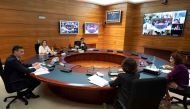 Spanish Prime Minister Pedro Sanchez (L) holding a cabinet meeting at La Moncloa Palace in Madrid on May 26, 2020. 