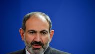(FILES) In this file photo taken on February 1, 2019 Armenian Prime Minister Nikol Pashinyan holds a joint press conference with the German chancellor after a meeting at the chancellery in Berlin.  / AFP / John MACDOUGALL