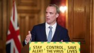 Britain's Secretary of State for Foreign Affairs Dominic Raab speaks during a daily briefing to update on the coronavirus disease (COVID-19) outbreak, at 10 Downing Street in London, Britain June 15, 2020. Pippa Fowles/10 Downing Street/Handout via REUTER