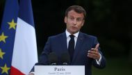 French President Emmanuel Macron gives a joint press conference with his Tunisian counterpart after their meeting at the Elysee Palace, in Paris, on June 22, 2020. / AFP / POOL / Christophe PETIT TESSON