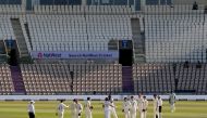 West Indies' Jason Holder (centre right) and West Indies' John Campbell (centre left) celebrate after West Indies win the test match on the fifth day of the first Test cricket match between England and the West Indies at the Ageas Bowl in Southampton, sou