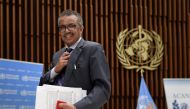 World Health Organization (WHO) Director-General Tedros Adhanom Ghebreyesus leaves a news conference organized by Geneva Association of United Nations Correspondents (ACANU) amid the COVID-19 outbreak, caused by the novel coronavirus, at the WHO headquart