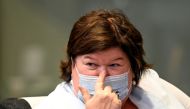 Belgium's Health Minister Maggie De Block wearing a protective mask attends a news conference after a meeting of the National Security Council amid the coronavirus disease (COVID-19) outbreak in Brussels, Belgium July 23, 2020. Dirk Waem/Pool via REUTERS