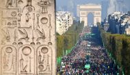 In this file photo taken on April 9, 2017 A detail of the Luxor Obelisk at the Place de la Concorde is seen as runners compete in the 41st Paris Marathon at the Champs-Elysees in Paris. The Paris marathon, scheduled for November 15, has been canceled due 