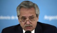 Argentine President Alberto Fernandez speaks during a press conference at the presidential residence in Olivos, Buenos Aires province, on August 12, 2020. / AFP / JUAN MABROMATA